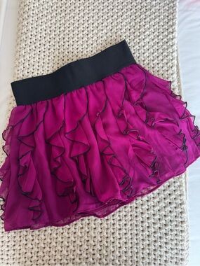 Express Fuchsia Ruffle Mini Skirt with Black Waistband
